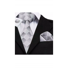 3delige set stropdas manchetknopen pochet zilver grijs zwart Ruit